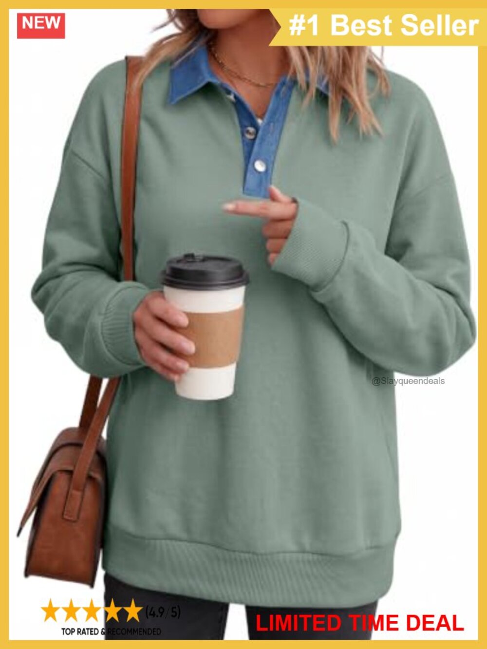 Loose Fit Button Up Denim Collared Pullover Sweatshirt
